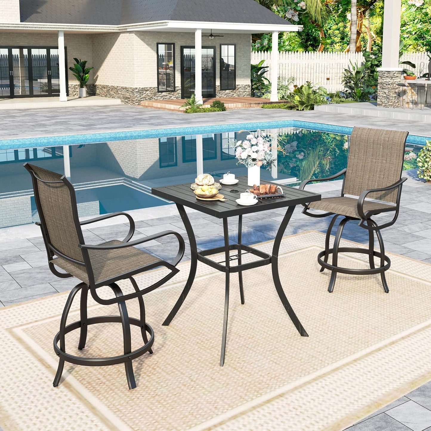 Sophia & William Outdoor Bar Set, Patio Bar Table and Chairs Set, Counter Height Patio Set - 2 x Swivel Bar Chairs, 1 x Square Bar Table for Porch, Yard, Garden, Balcony, Deck