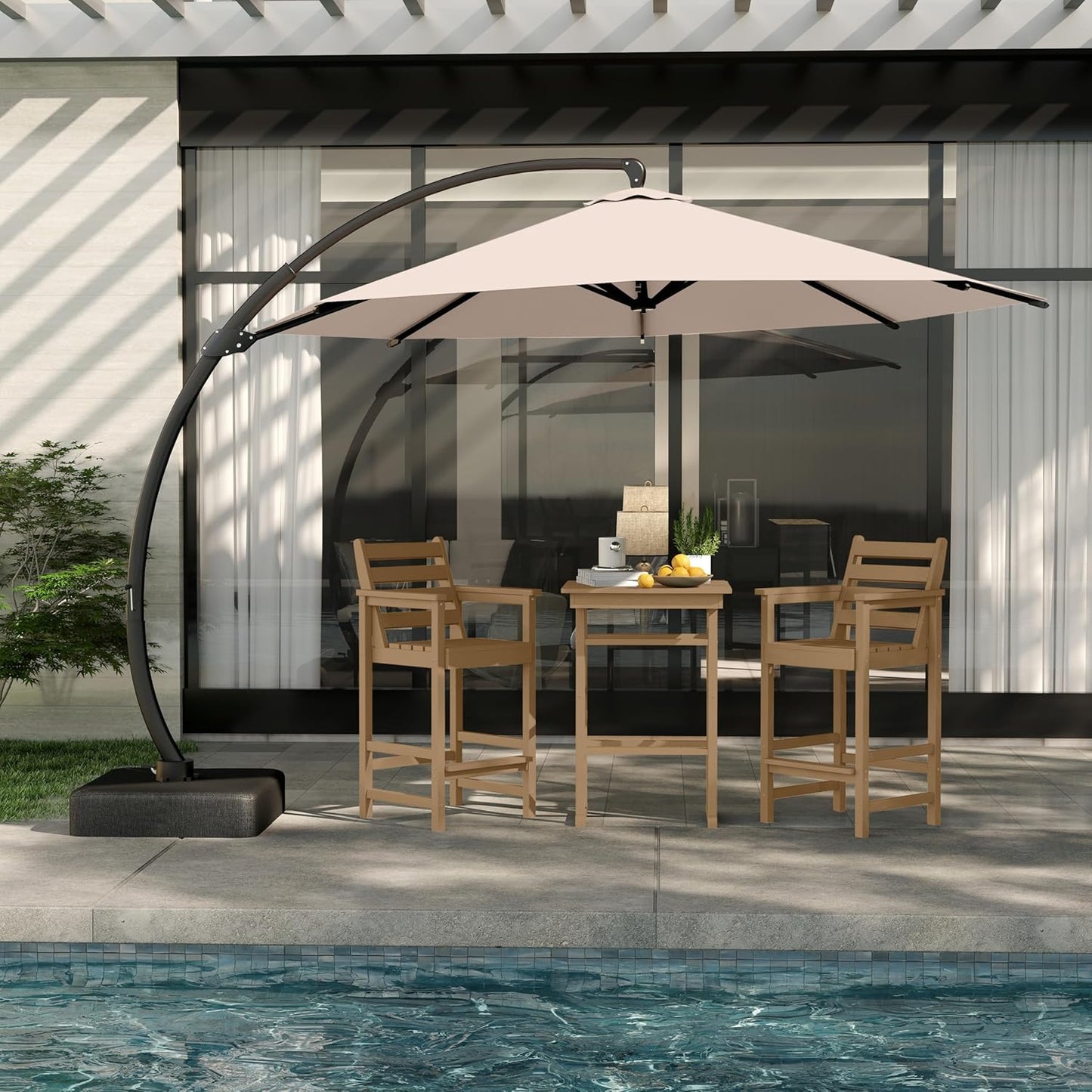 3-Piece Outdoor Bar Set with Beige 11FT Cantilever Umbrella, HDPE Tall Balcony Adirondack Chairs and Table, Outdoor Bar Stools for Patio (Brown)