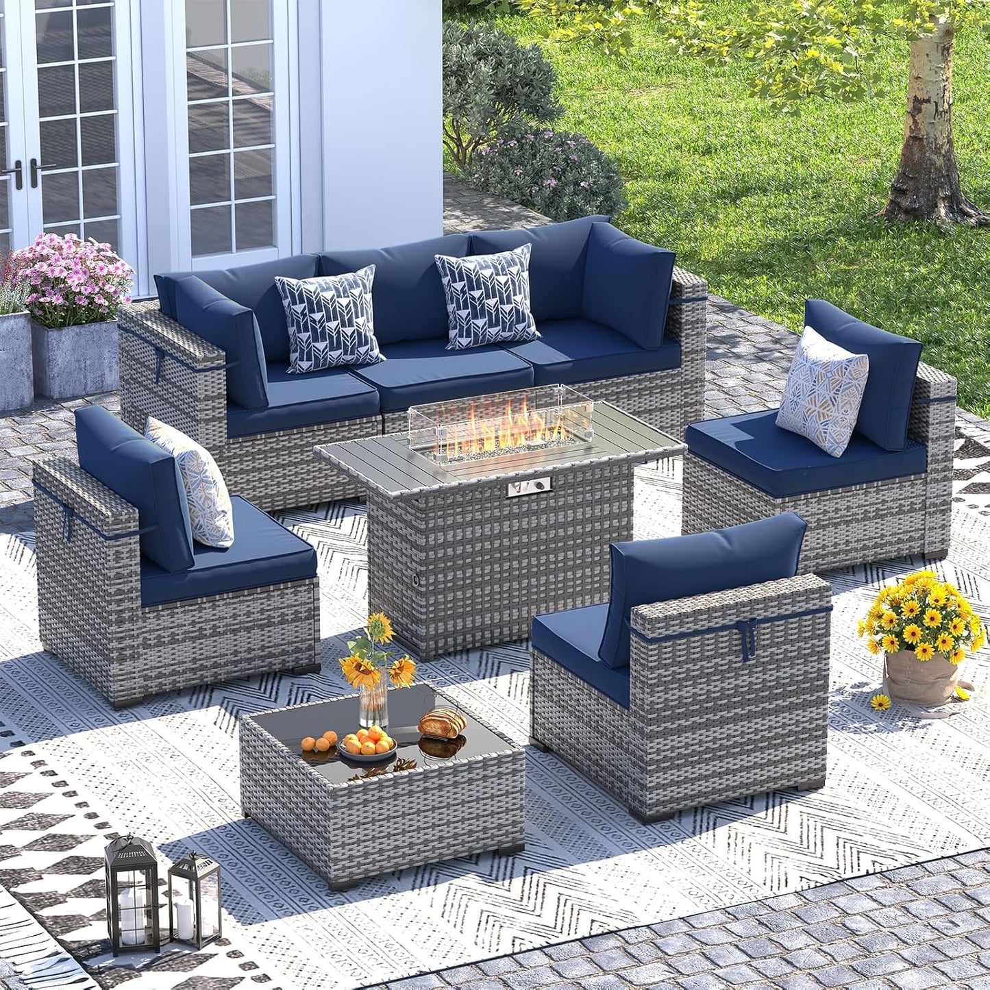 UDPATIO Patio Furniture Set with Fire Pit Table, 8 Piece Outdoor Sectional Modular Sofa, Wicker Outdoor Furniture Conversation Sets with Waterproof Cover for Backyard Deck(Grey/Navy Blue)
