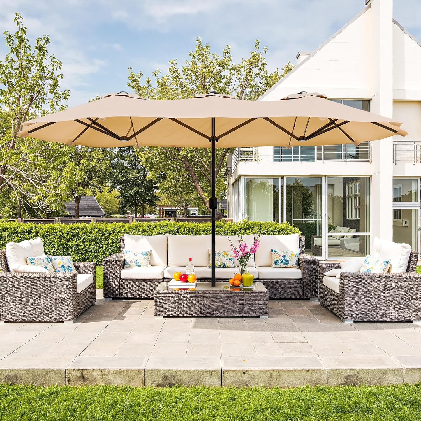 Vongrasig 15FT Large Patio Umbrella with Base Included, Outdoor Double sided Umbrellas with Crank Handle, Rectangle Table Umbrella for Pool Lawn Garden Market