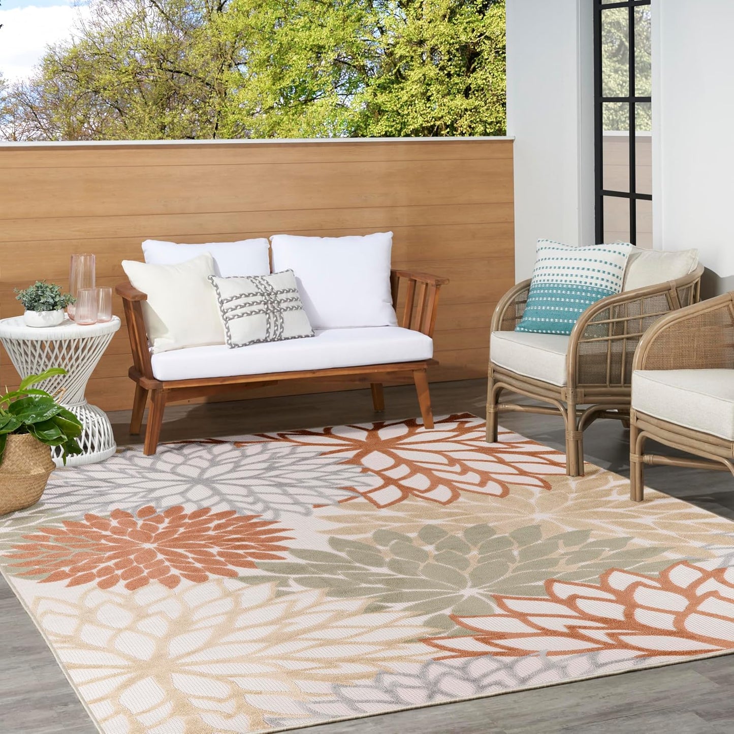 Nourison Home Aloha Indoor-Outdoor Ivory Multicolor 7'10" x 10'6" Area Rug, Easy Cleaning, Non Shedding, Bed Room, Living Room, Dining Room, Backyard, Deck, Patio (8x11)