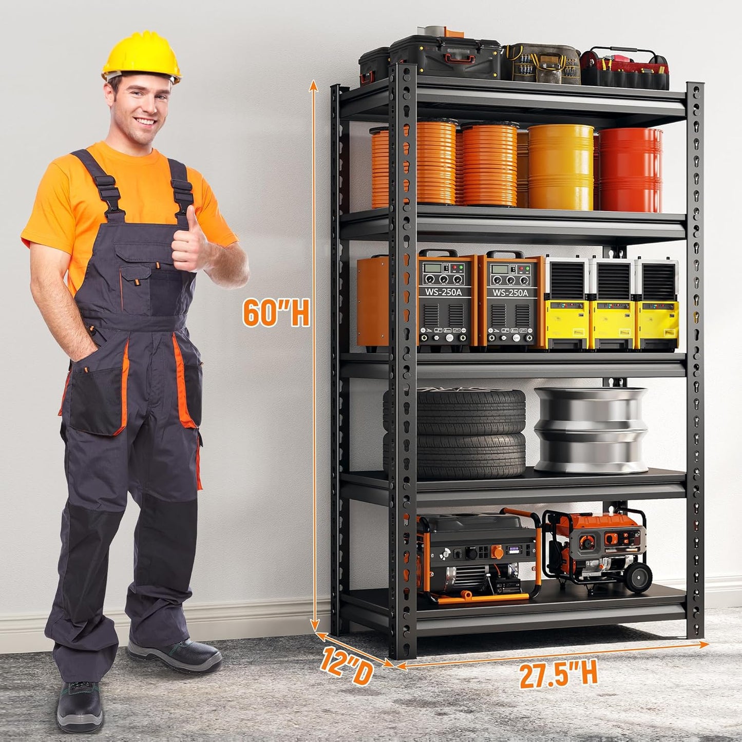 REIBII Storage Shelves, 2000LBS Garage Shelving Heavy Duty, 5 Tier Adjustable Metal Shelving for Garage, Warehouse, Pantry, Kitchen, Basement, 12" D x 27.5" W x 60" H, Black