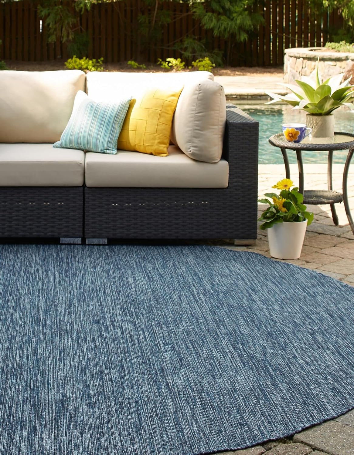 Unique Loom Collection Casual Transitional Solid Heathered Indoor/Outdoor Flatweave Area Rug (8' Round, Blue/Navy Blue)