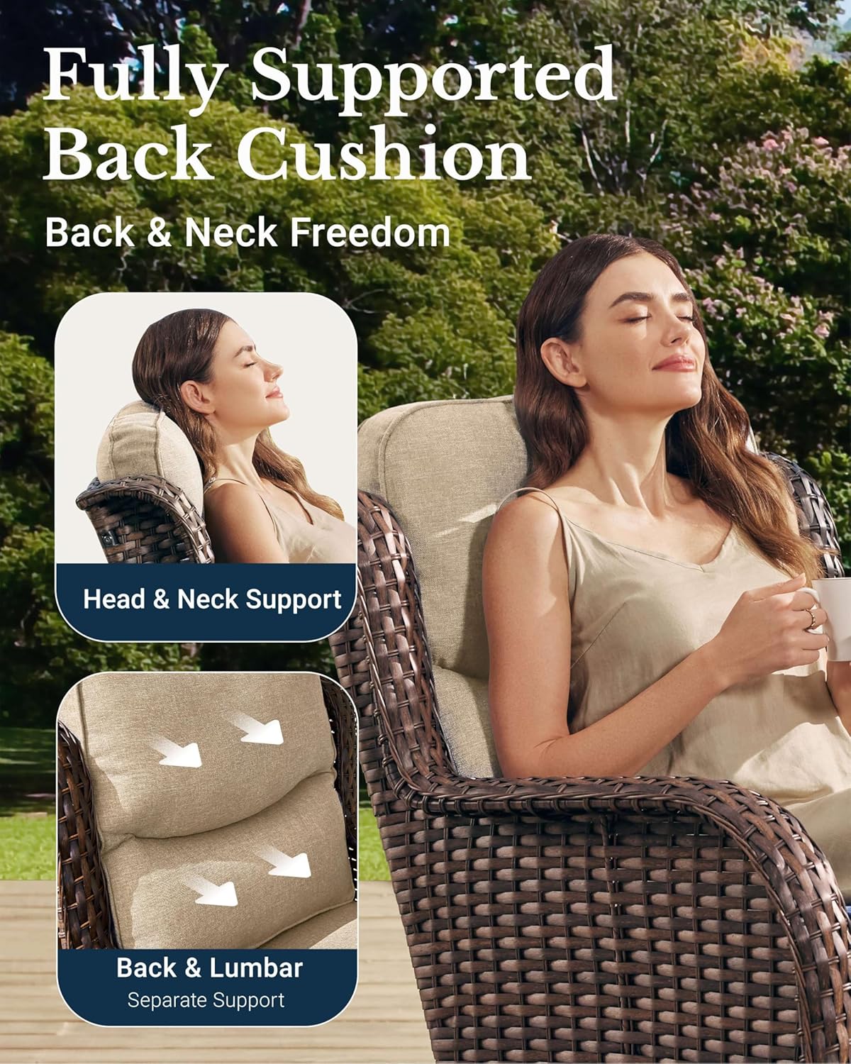 HILLGA Luxury Patio Furniture Set with 6-Inch Thick Cushions, High Back Outdoor Swivel Rocker Chairs and Ottoman, 5-Piece All Weather Conversation Set for Porch Deck Balcony Yard, Beige (V3)