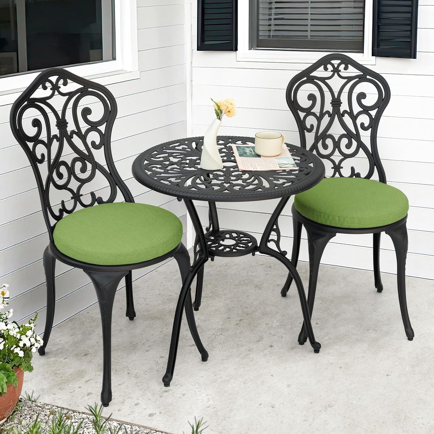 NUU GARDEN Patio 3-Piece Bistro Set with Cushions, Patio Chairs and Outdoor Round Table with Umbrella Hole, Cast Aluminum Patio Set for Lawn, Garden, Porch, Poolside, Black