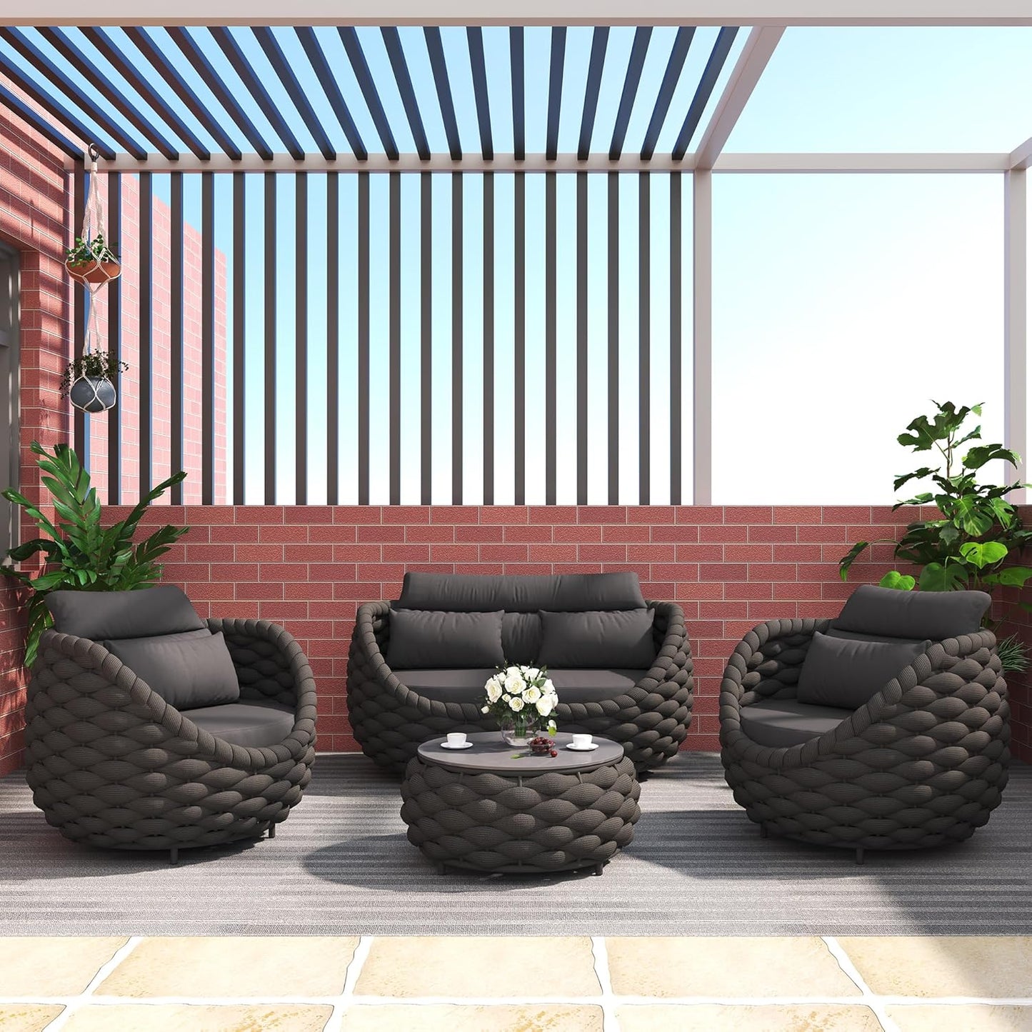 TWT Patio Furniture Set 4 Pieces Aluminum Outdoor Furniture w/27.8in Coffee Table,Patio Conversation Set with Hand Woven Polyester Rope for Backyard Garden Poolside,Dark Gray