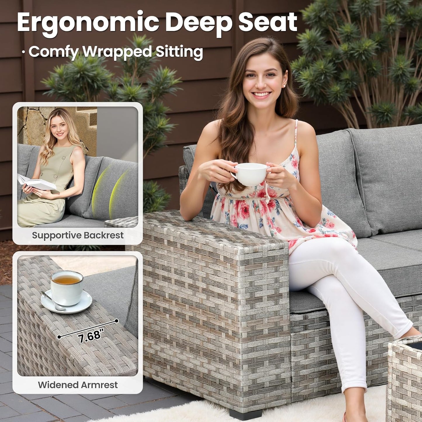 ovios 13 Pieces Patio Furniture Set, Outdoor Wicker Sectional Sofa with 54 Inch Fire Pit Table Comfy Cushions, Modern Modular Deep Seat Rattan Couch Conversation Set, Dark Grey