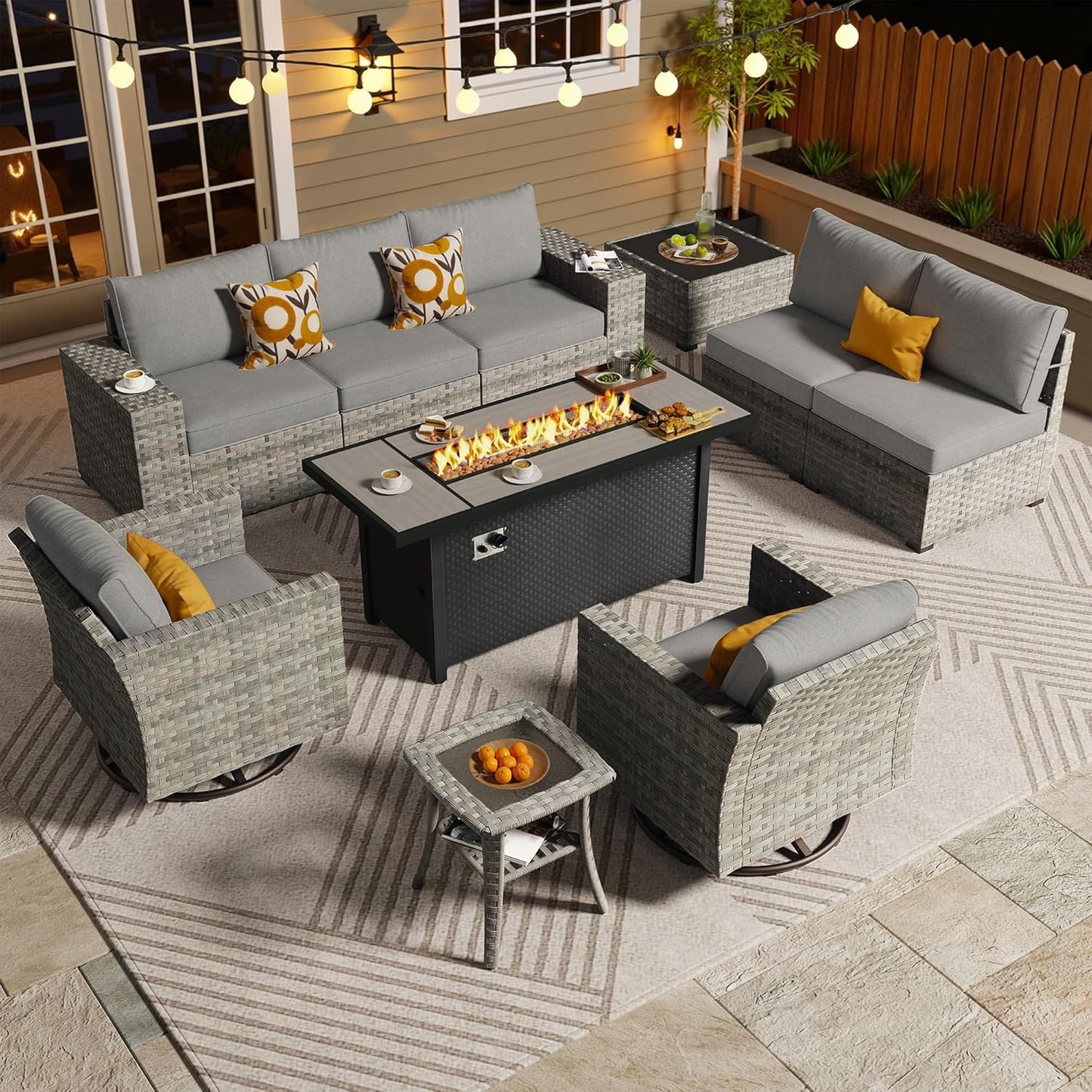 ovios 10 Pieces Patio Furniture Set, Outdoor Wicker Sectional Sofa with 54" Fire Pit Table Swivel Chairs, Modern Modular Deep Seat Rattan Couch Conversation Sets, Dark Grey