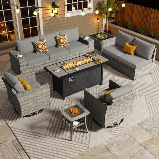 ovios 10 Pieces Patio Furniture Set, Outdoor Wicker Sectional Sofa with 54" Fire Pit Table Swivel Chairs, Modern Modular Deep Seat Rattan Couch Conversation Sets, Dark Grey