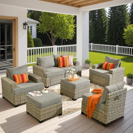 HOOOWOOO Outdoor Sectional Patio Furniture Set,7 Pieces Wicker Conversation Sets,Extra Deep Out Door Sofa Outside Furniture Couch with Ottoman,Charcoal Gray