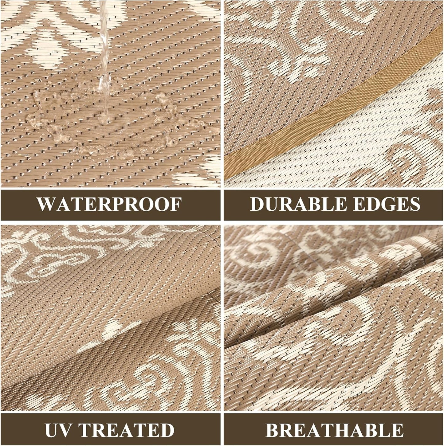 Pauwer Waterproof Outdoor Rug 6ft, Reversible Plastic Straw Patio Camping Rug, Indoor Outdoor RV Mat Carpet for Deck, Camper, Porch, Balcony, Backyard, Picnic, Floral Brown