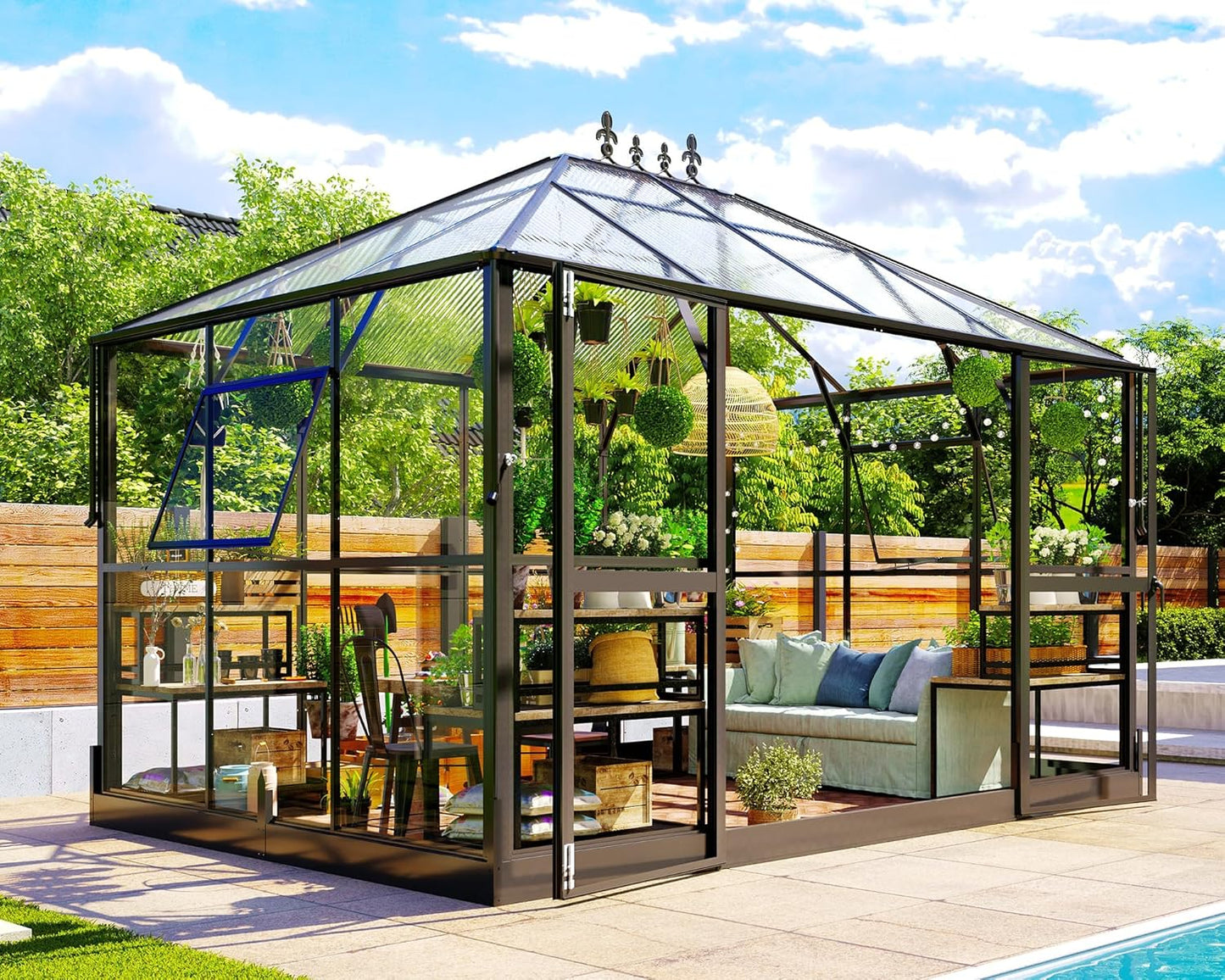 Jocisland 11x8.3x8.6 FT Polycarbonate Greenhouse with Clear Panels- 6 FT Wall Height Outdoor Aluminum Greenhouses with 2 Vents, Double Doors with Hook, Walk-in Greenhouse for Backyard Garden