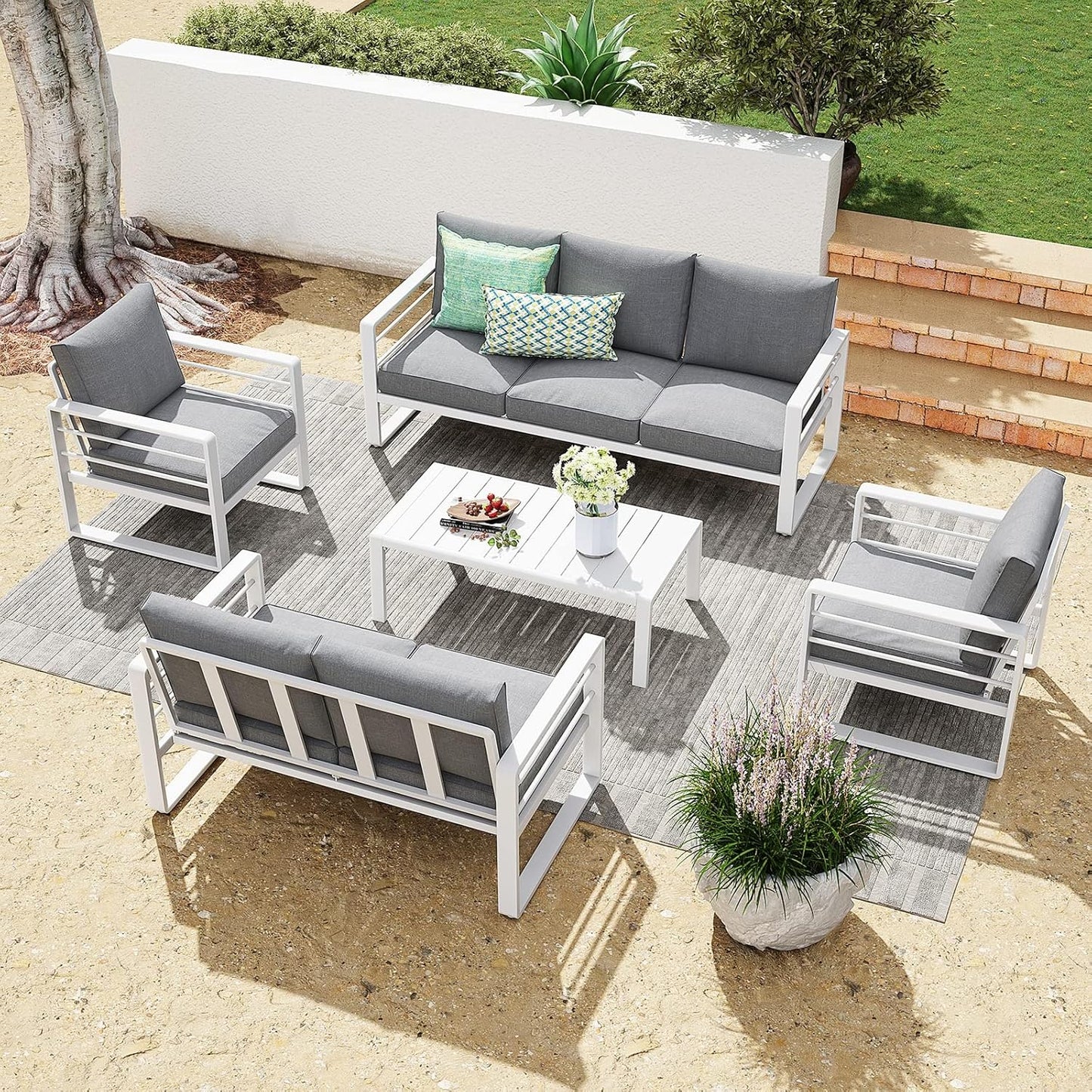 Patiorama Aluminum Patio Furniture Set, 5 PCS Modern Patio Conversation Set, All Weather White Outdoor Sectional Sofa Set w/Coffee Table, Patio Seating Set, Olefin Cushion, Garden-Grey Cushion