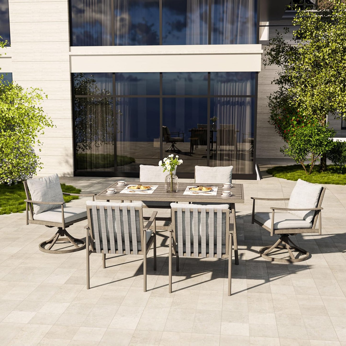 HAPPATIO Patio Table for 6, Large Modern Rectangle Outdoor Dining Table with Umbrella Hole and Adjustable Feet, All Weather Aluminum Patio Table for Garden, Backyard and Poolside, Grey