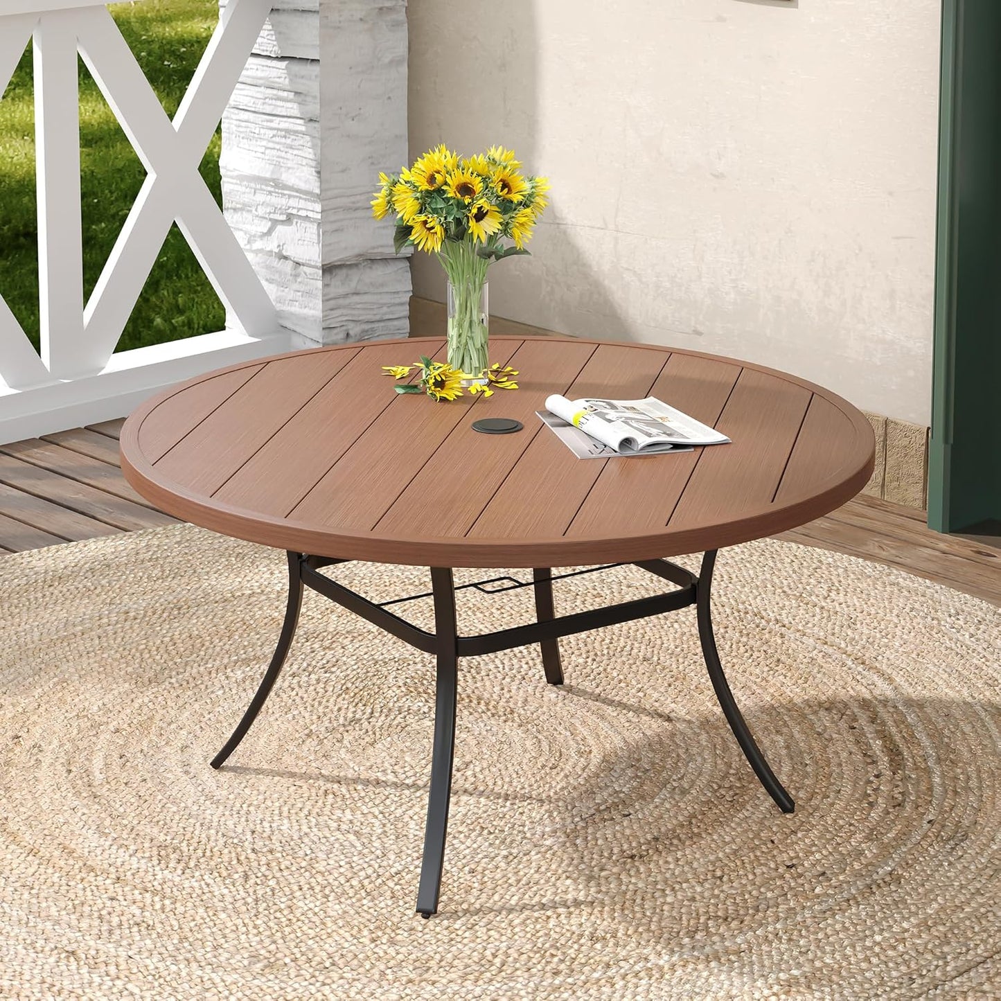 DIFY Patio Round Dining Table, 53" All Weather Round Outdoor Table with 1.57" Umbrella Hole for 8 Person, Perfect for Yard, Balcony and Lawn, Walnut