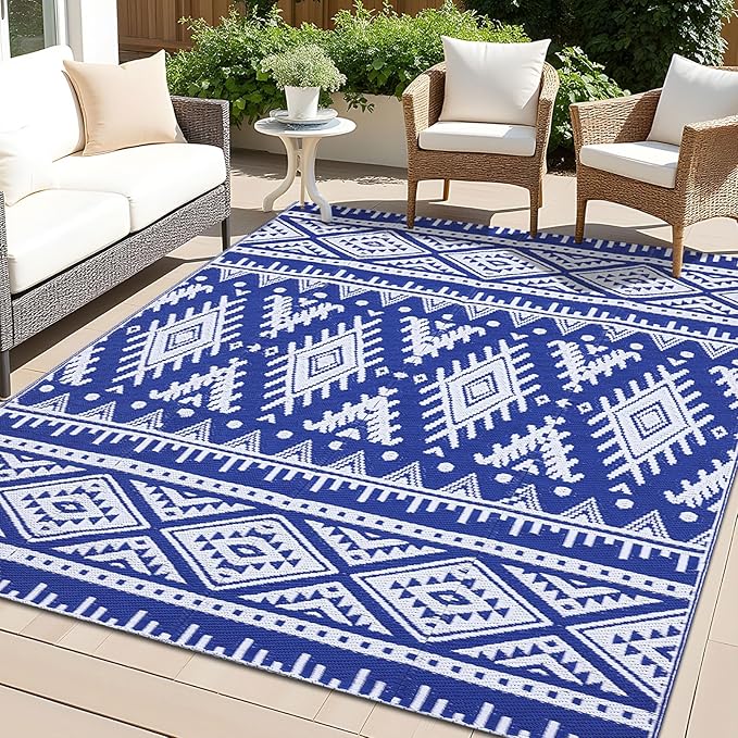 OLANLY Outdoor Rug Waterproof 4x6 ft, Reversible Outdoor Plastic Straw Rug, Boho Patio Rug, Indoor Outdoor Carpet, RV Mat Outside for Patio, Camp, Picnic, Balcony, Deck, Backyard, Blue & White