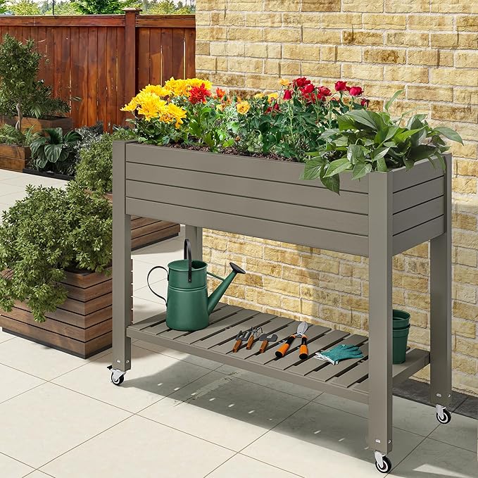 YITAHOME 43.3x17.7x34 in Elevated Garden Bed, Outdoor Plastic Planter Box with Wheels, Legs, Drain Plug, and Storage Shelf for Plants, Vegetables, Flowers, Herbs, Light Brown