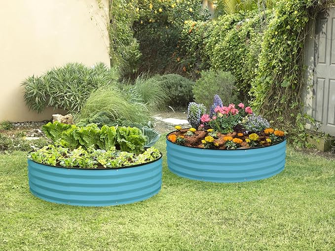 Round Galvanized Raised Garden Bed // 4×4×1 ft (2-Pack) Galvanized Raised Garden Beds Outdoor for Gardening, Vegetables, Flowers // Patented Tool-Free Design Round Planter (Teal)