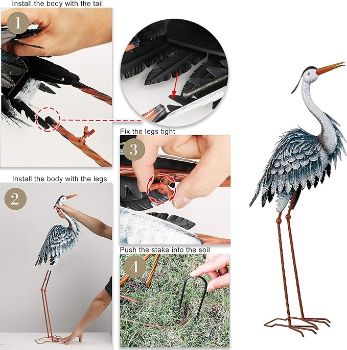 TERESA'S COLLECTIONS Garden Decor Blue Heron Sculptures & Statues Decor, 33.8 Inch Coastal Metal Cranes Decoy for Outdoor Outside Yard Art Patio Pond Pool Lawn Decorations,Housewarming Gift