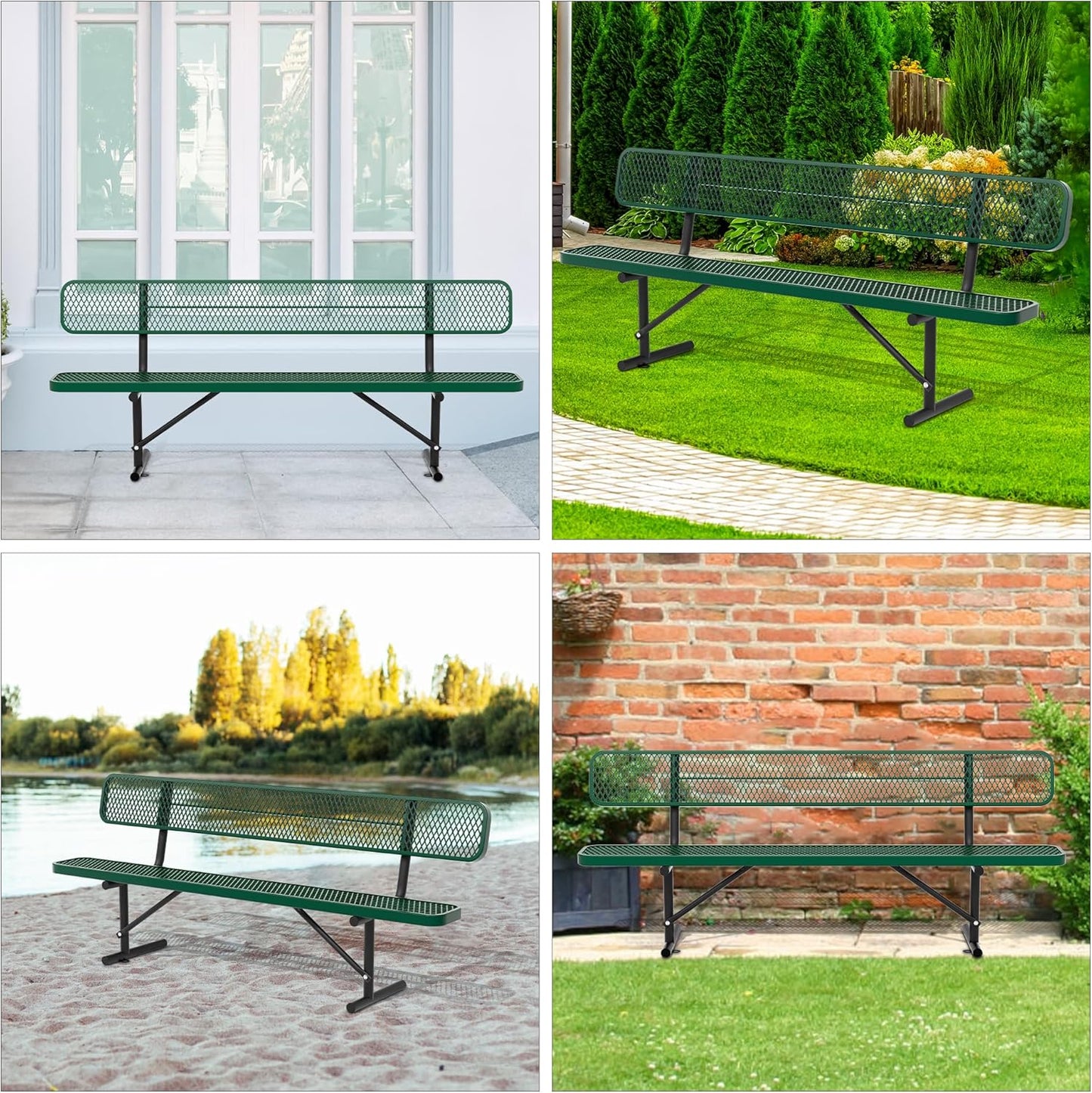 Heavy Duty Park Bench with Back Portable Frame, Outdoor Steel Bench with Backrest, Outdoor Park Bench Expanded Metal Mesh Bench for Lawn, Park, Deck, Garden, Patio, Porch, Black (Green, 8FT)