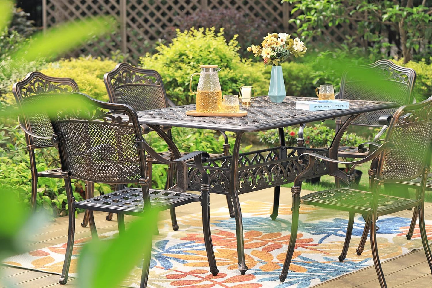 Sophia & William 6-Person Cast Aluminium Outdoor Dining Table Rectangular, Patio Bistro Table with 1.97" Umbrella Hole, Bronze