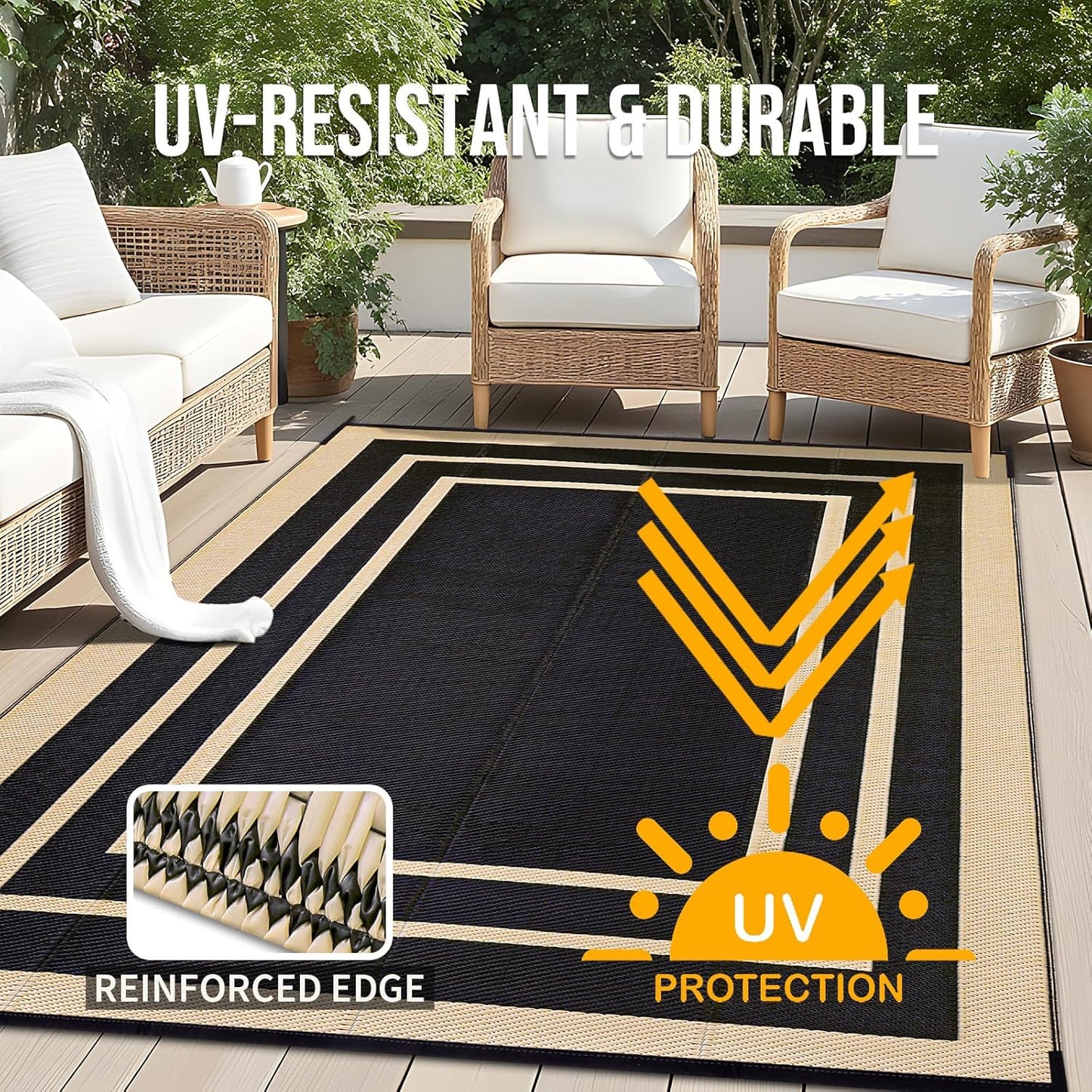 OLANLY Outdoor Rug 9x12 ft Waterproof, Reversible Outdoor Plastic Straw Rug, RV Mat, Indoor Outdoor Carpet Clearance for Patio, Camping, Balcony, Deck, Backyard, Black & Beige
