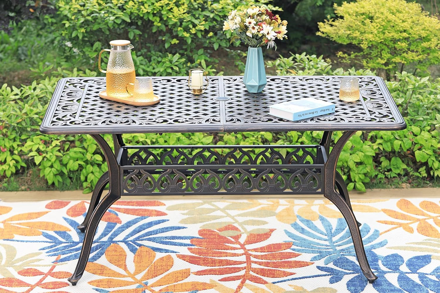 Sophia & William 6-Person Cast Aluminium Outdoor Dining Table Rectangular, Patio Bistro Table with 1.97" Umbrella Hole, Bronze