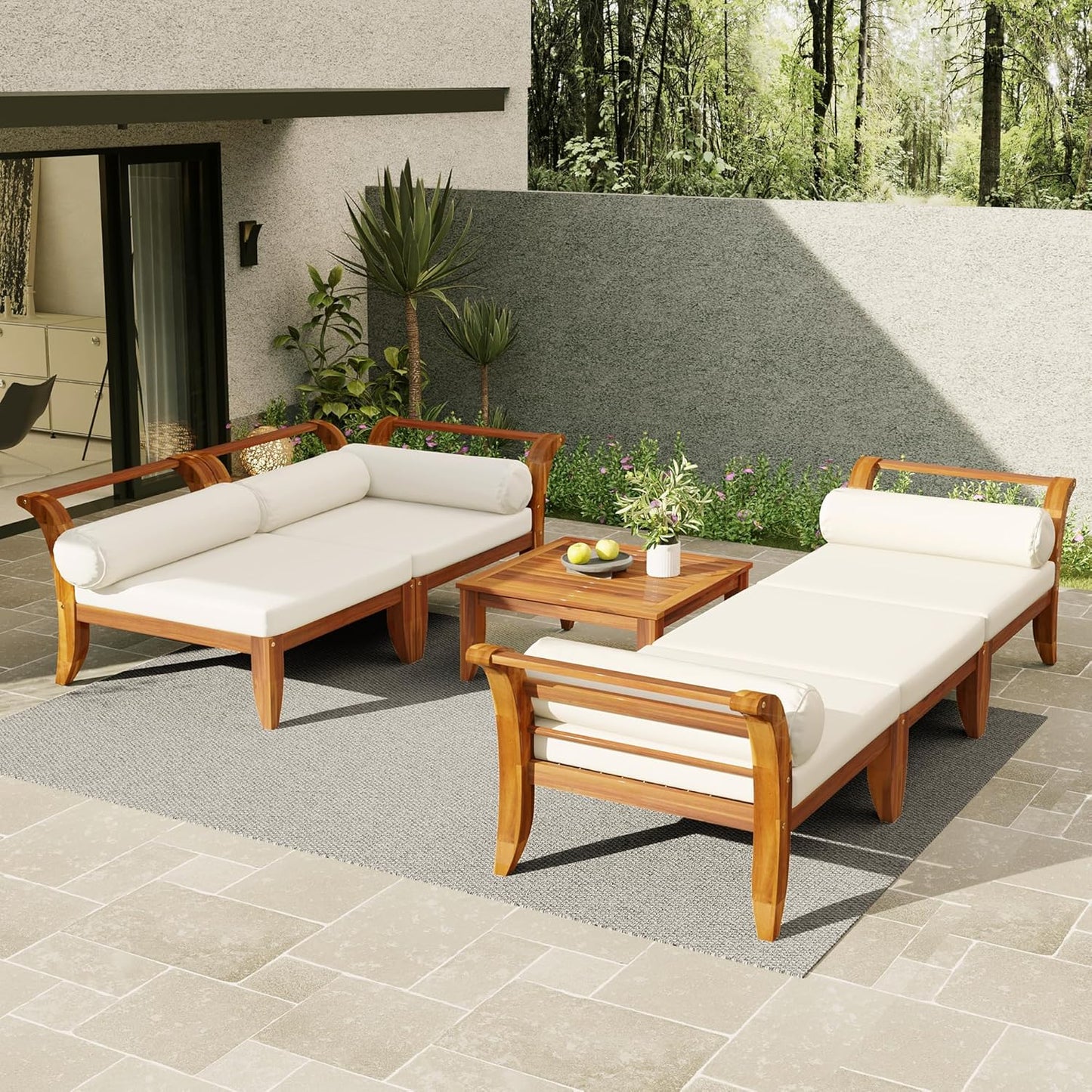6 Piece Acacia Wood Patio Sofa Set, Outdoor Modular Sectional Garden Furniture Set with Tea Table, Ottoman, 5 Cushions and Pillows, L-Shaped Conversation Daybed for Patios, Poolsides, Gardens