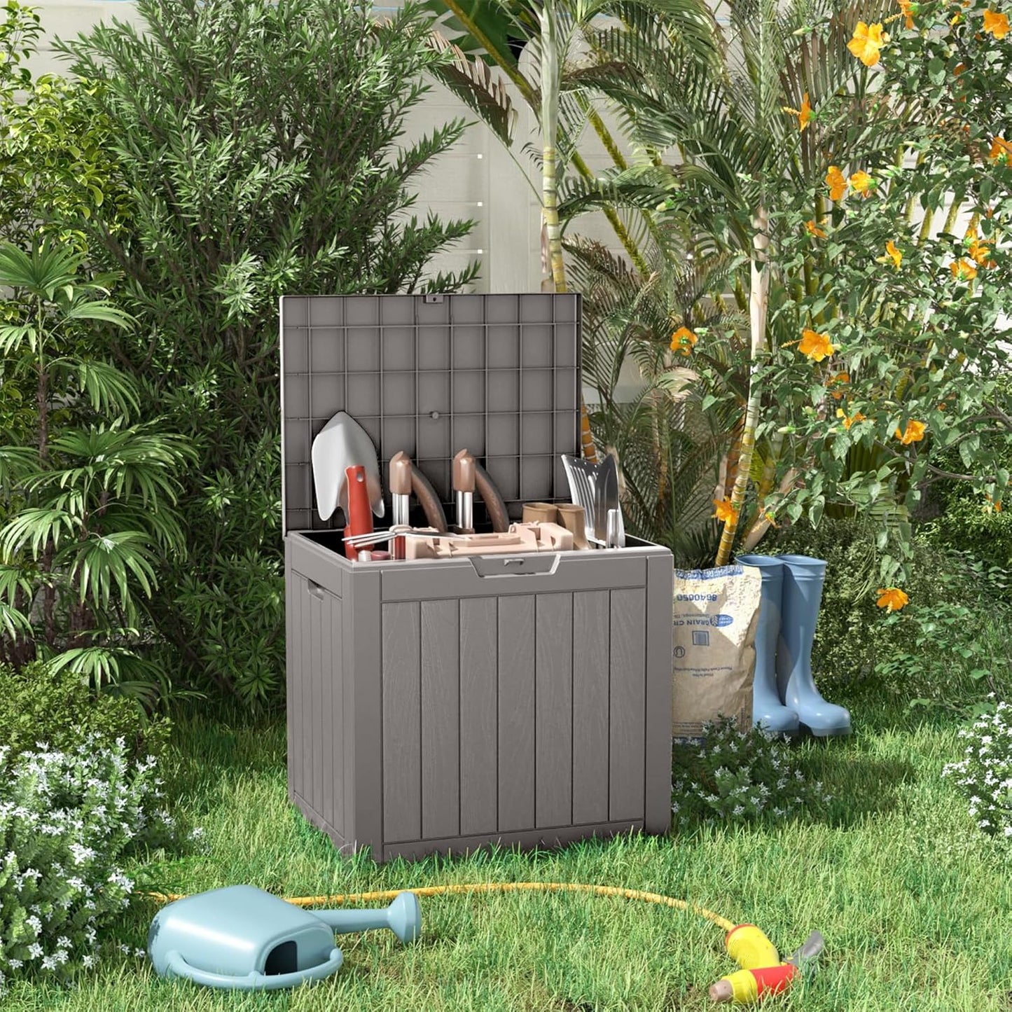 31 Gallon Resin Deck Box, Lockable Patio Outdoor Storage Box for Furniture, Garden Tools and Tools Storage, Waterproof Outside Storage Boxes - Grey