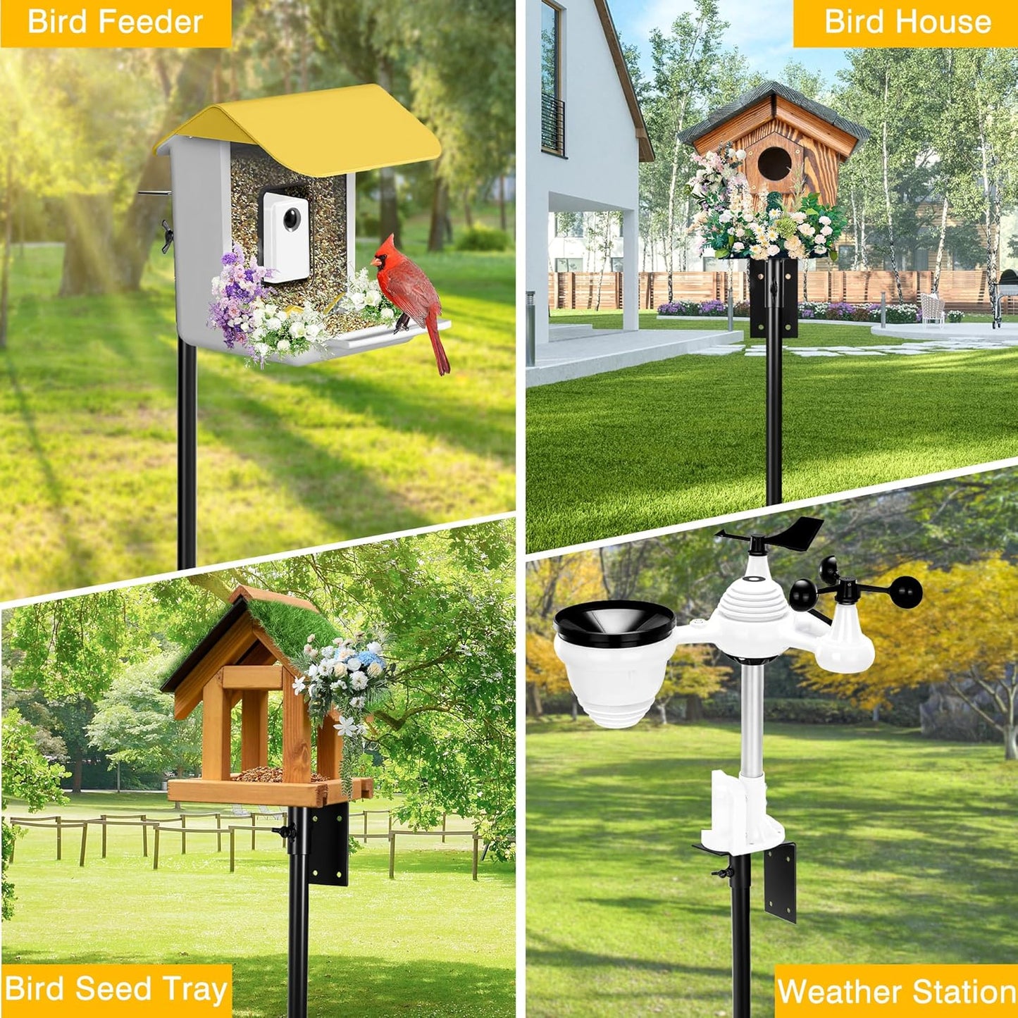 Bird House Pole, 95 Inch Heavy Duty Bird Feeder Pole Mount Kit for Outdoors, Adjustable Feeding Stand, with 2-Hooks, Metal Squirrel Baffle and 5-Prong Base, for Birds Watching