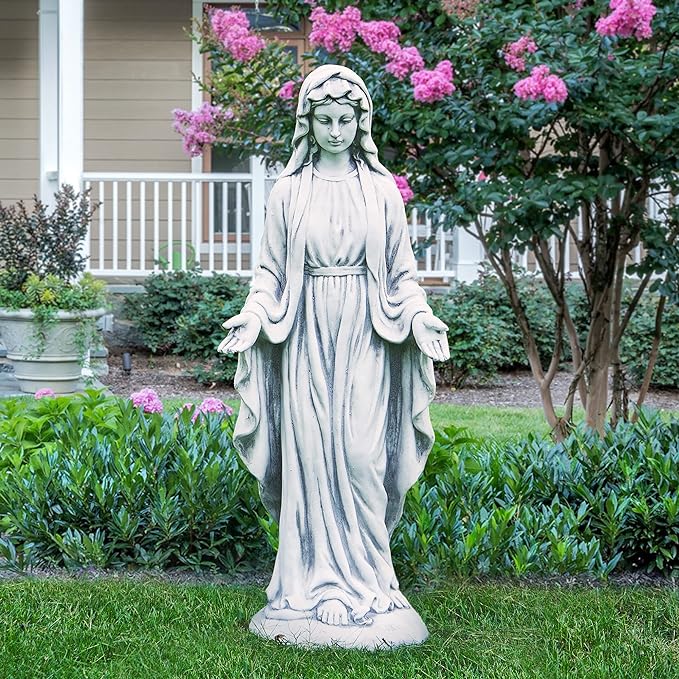 Virgin Mary Statue 29.9” Tall Religious Large Garden Statue Art Décor Blessed Mother Outdoor Statues for Garden in Magnesium Oxide Stone for Garden, Yard, Patio, Lawn, Hallway,Gray