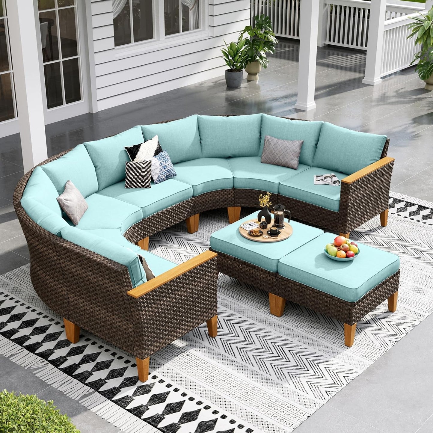 Sophia & William Outdoor Wicker Sectional Sofa Set, 9 Piece Half Moon Curved Patio Furniture Modern Outdoor Couch Conversation Set with Ottoman for Backyard, Pool, Garden(Aqua Blue)