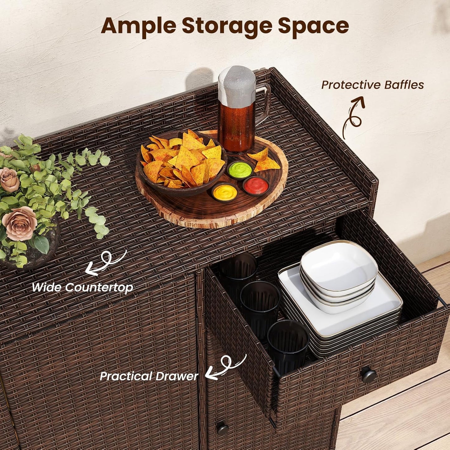 Tangkula Rattan Outdoor Storage Cabinet, Patiojoy Outdoor Cabinet with 4 Adjustable Shelves, 1 Drawer, 3 Doors, Patio Storage Deck Box Table for Patio Garden Poolside (Mix Brown)