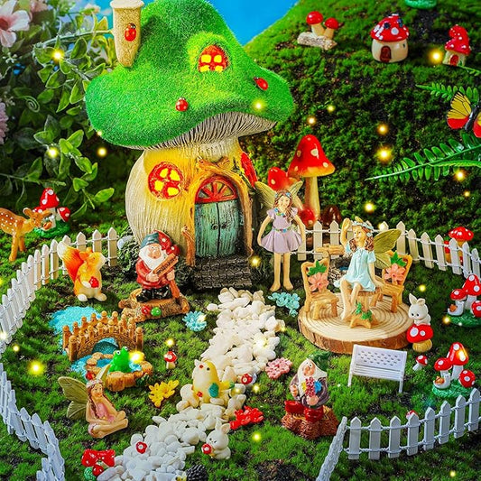 Suzile 50 Pcs Solar Fairy House Garden Accessories Light up Flocked Fairy House Garden Kit Green Resin Miniature Mushroom Figures Micro Landscape Ornament(Mushroom House)
