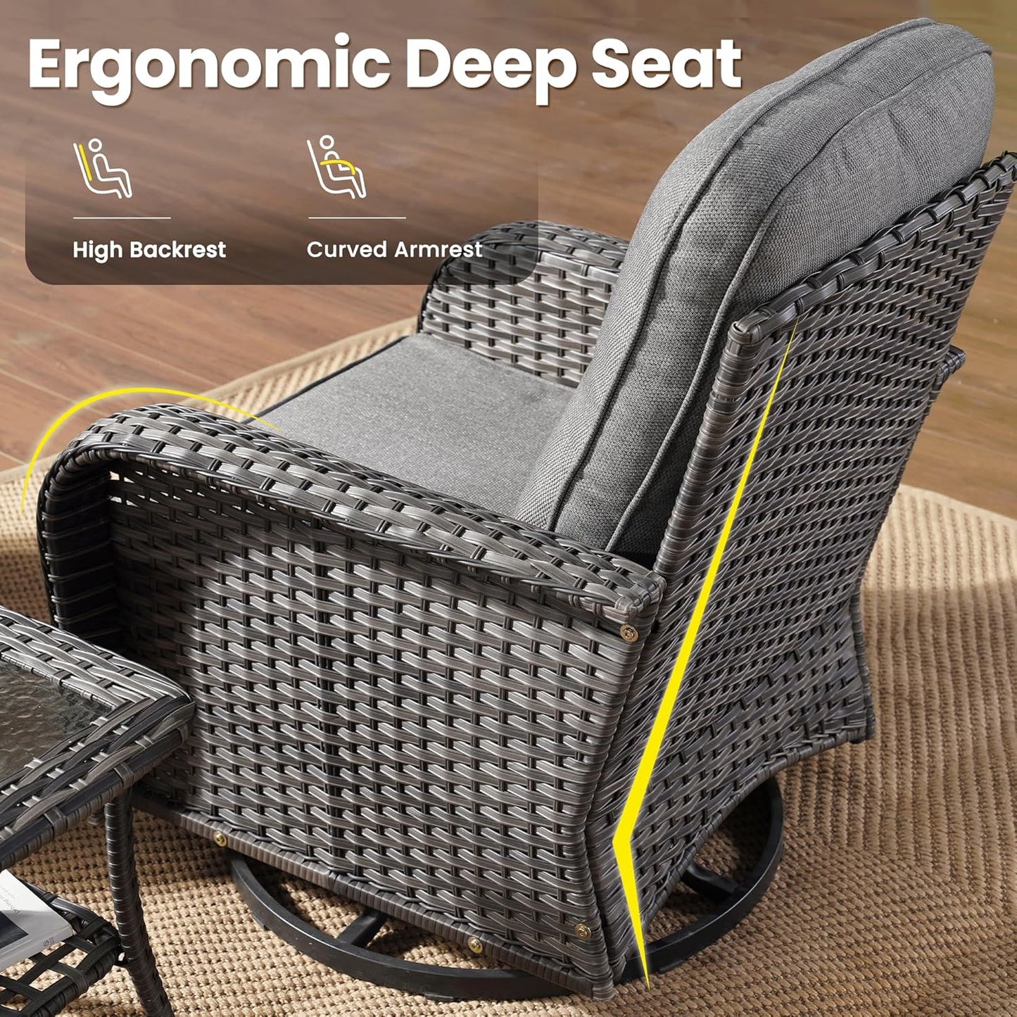 ovios 3 Pieces Patio Furniture Set, Outdoor Rocking Chairs of 2, Wicker Swivel Glider Chairs with Side Table Thick Cushions, All Weather Rattan Bistro Set for Porch, Dark Grey