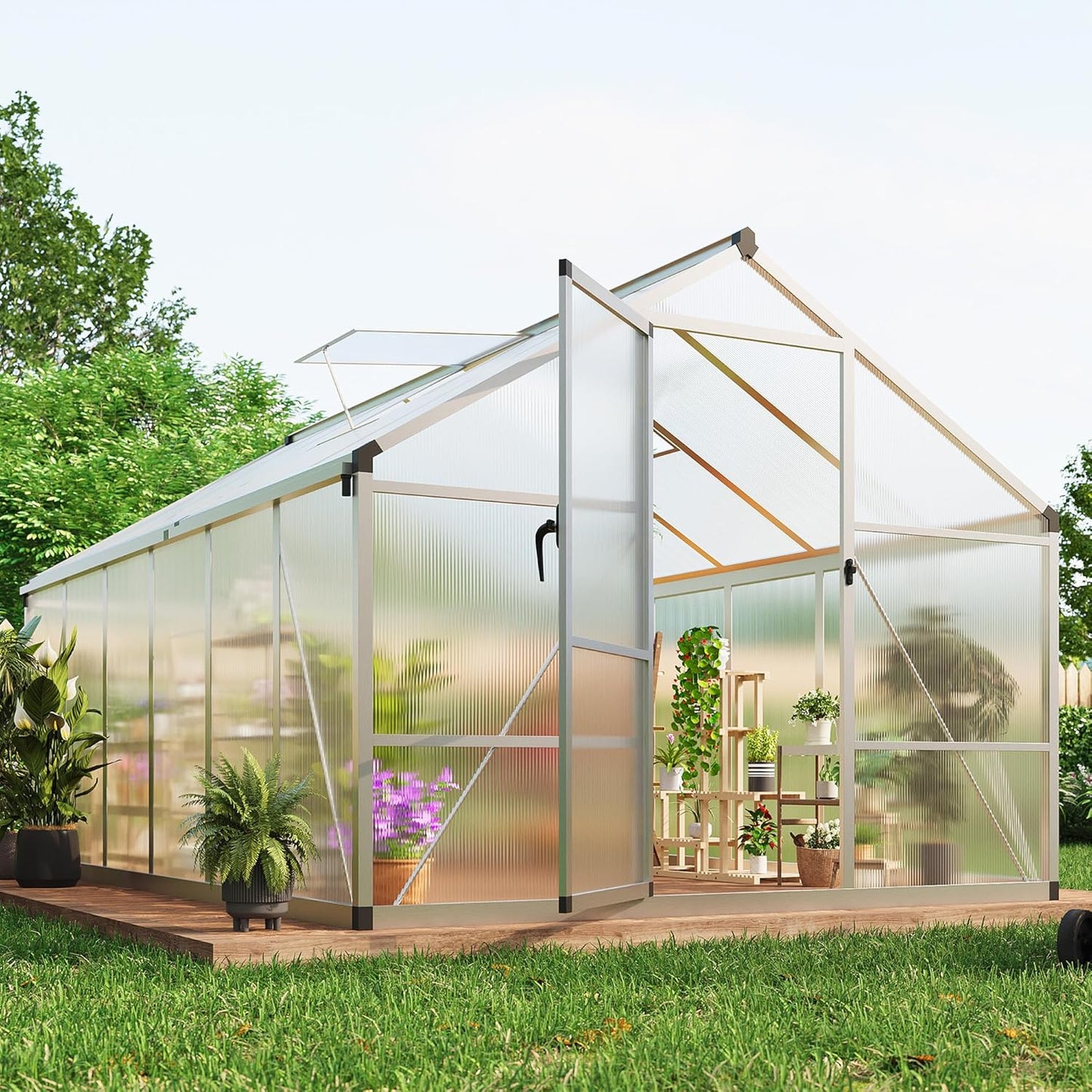 8×12 FT Greenhouse, Large Walk in Greenhouses for Outdoors and Garden Planting, Polycarbonate Greenhouse with Enhanced Aluminum Frame, Green Houses with Quick Setup Structure and Roof Vent, Silver