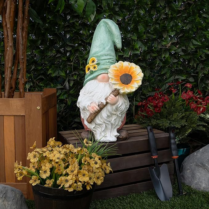 Alpine Corporation MCC842 Indoor/Outdoor Gnome Holding Sunflower Garden Statue, Charming Gnome Statue w/Hat, 21" H, Turquoise