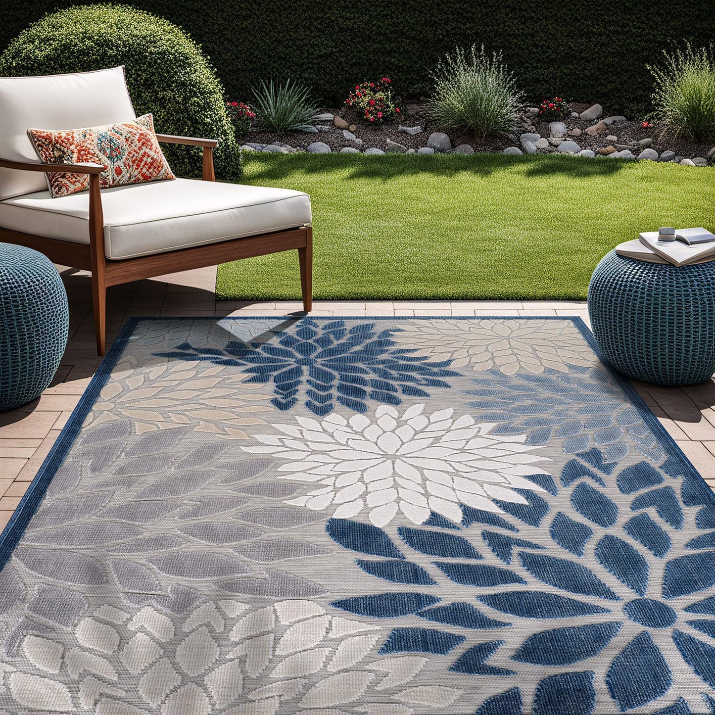 Beverly Rug Outdoor Rug 10x14 Large Modern Floral Tropical Area Rugs for Indoor and Outdoor Patio Easy to Clean Non Shedding Living Room Porch Garden Washable Outside Carpet (10 x 14 Blue)