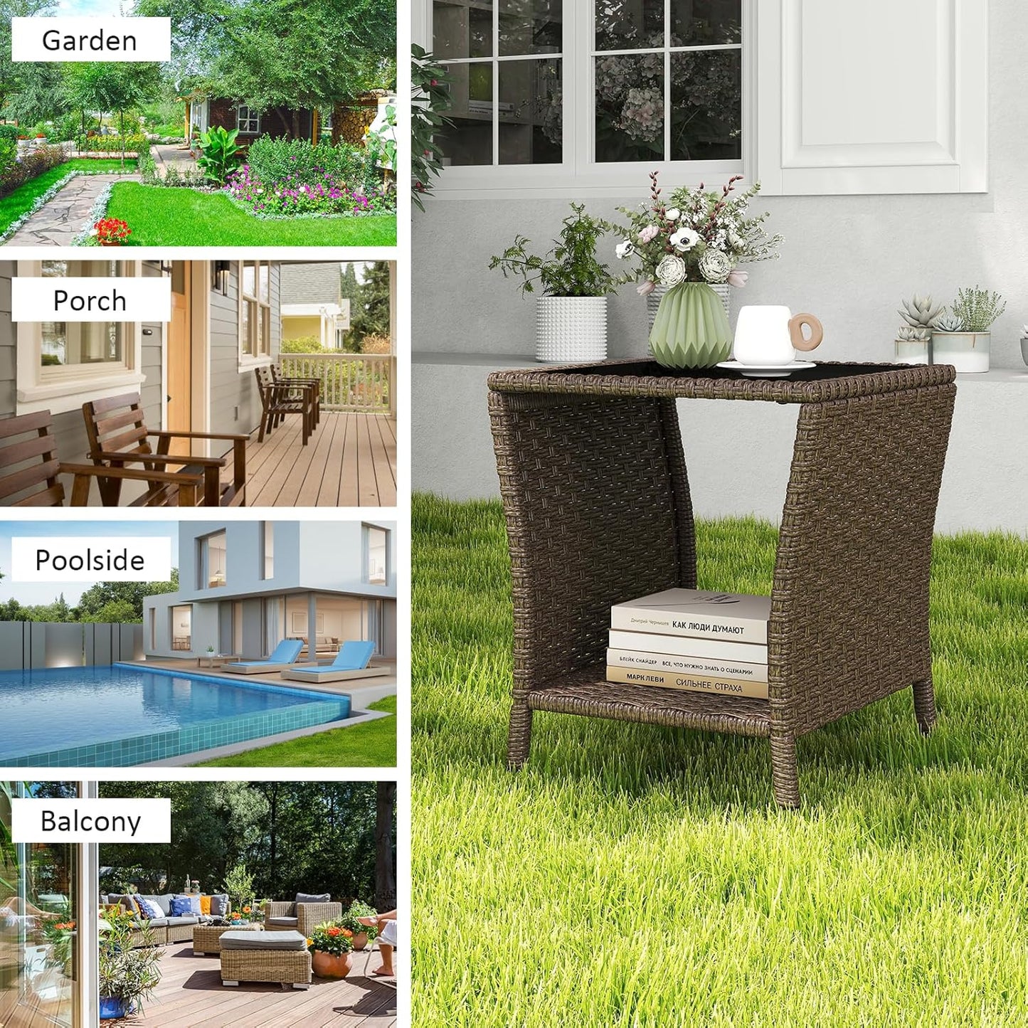 Outdoor Small Patio Table - PE Rattan Coffee Table, Wicker Side Table for Patio, Balcony & Porch, Durable & Iron Frame (1, Dark Brown)