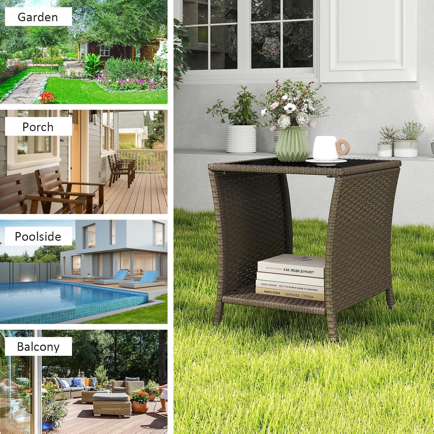 Outdoor Small Patio Table - PE Rattan Coffee Table, Wicker Side Table for Patio, Balcony & Porch, Durable & Iron Frame (1, Sesame)