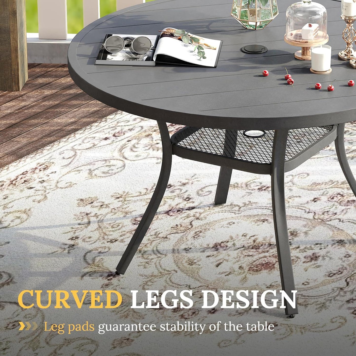 VICLLAX 41.2"x 28" Outdoor Round Patio Table for Lawn Garden, All Weather Metal Round Patio Dining Table with Adjustable Umbrella Hole, Patio Table for 4 Person, Grey Tabletop