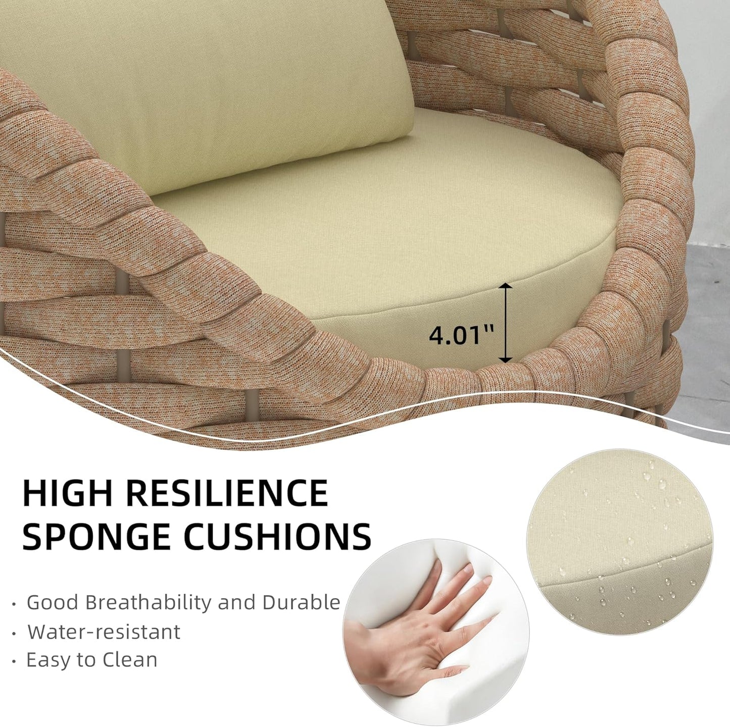 TWT 3 Pieces Aluminum Patio Furniture Set Quick Drying Textilene Rope Outdoor Sofa Set w/Washable Cushion and Rock Slab Tabletop, Conversation Furniture for Livingroom Poolside Balcony (Khaki)