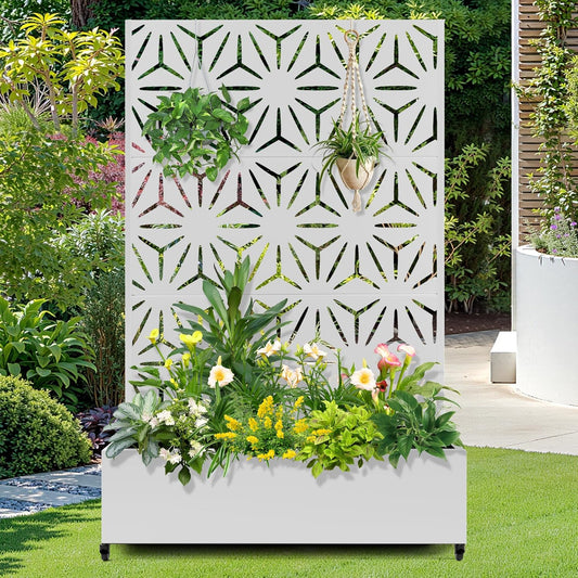 FENCY Metal Raised Garden Bed with Wheels and Trellis,73"x47"x16" Planter Box for Climbing Plants, Vegetables & Vines, Features Privacy Screen and Drainage Holes (White-Star)