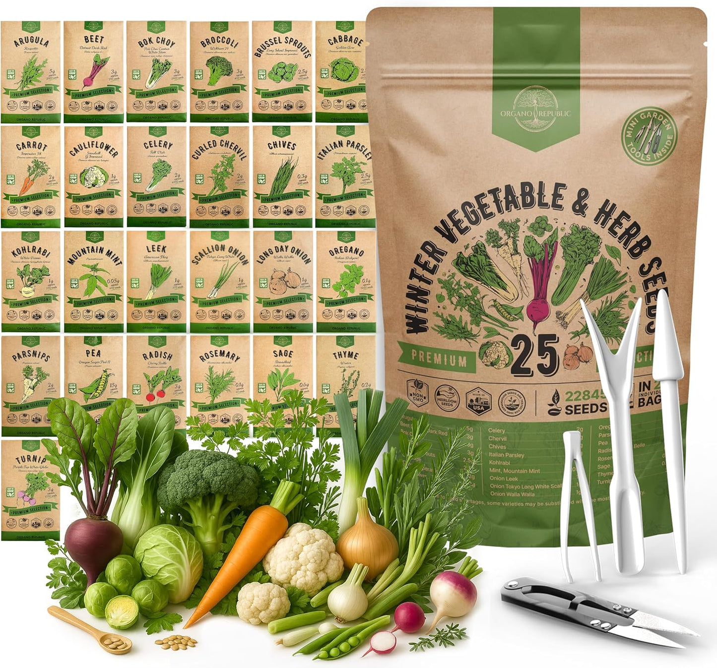 Organo Republic 25 Winter Vegetable & Herb Garden Seeds Variety Pack for Outdoors & Indoor Home Gardening 22,840+ Non-GMO Heirloom Seeds Broccoli Beet Carrot Cabbage Radish Pea Mint Thyme Parsley