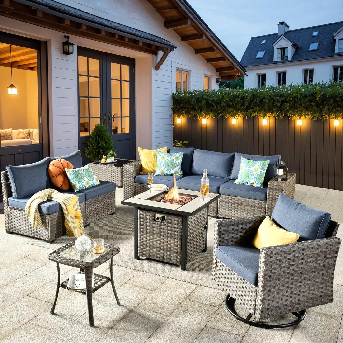 ovios 9 Pieces Patio Furniture Set, Outdoor Wicker Sectional Sofa with 30" Fire Pit Table Swivel Chair, Modern Modular Deep Seat Rattan Couch Conversation Sets, Denim Blue