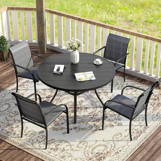 VICLLAX 5 Pieces Patio Dining Set for 4, Outdoor Furniture Set Includes 40.7" Round Patio Table and 4 Patio Stackable Chairs, Black Tabletop and Grey Fabric