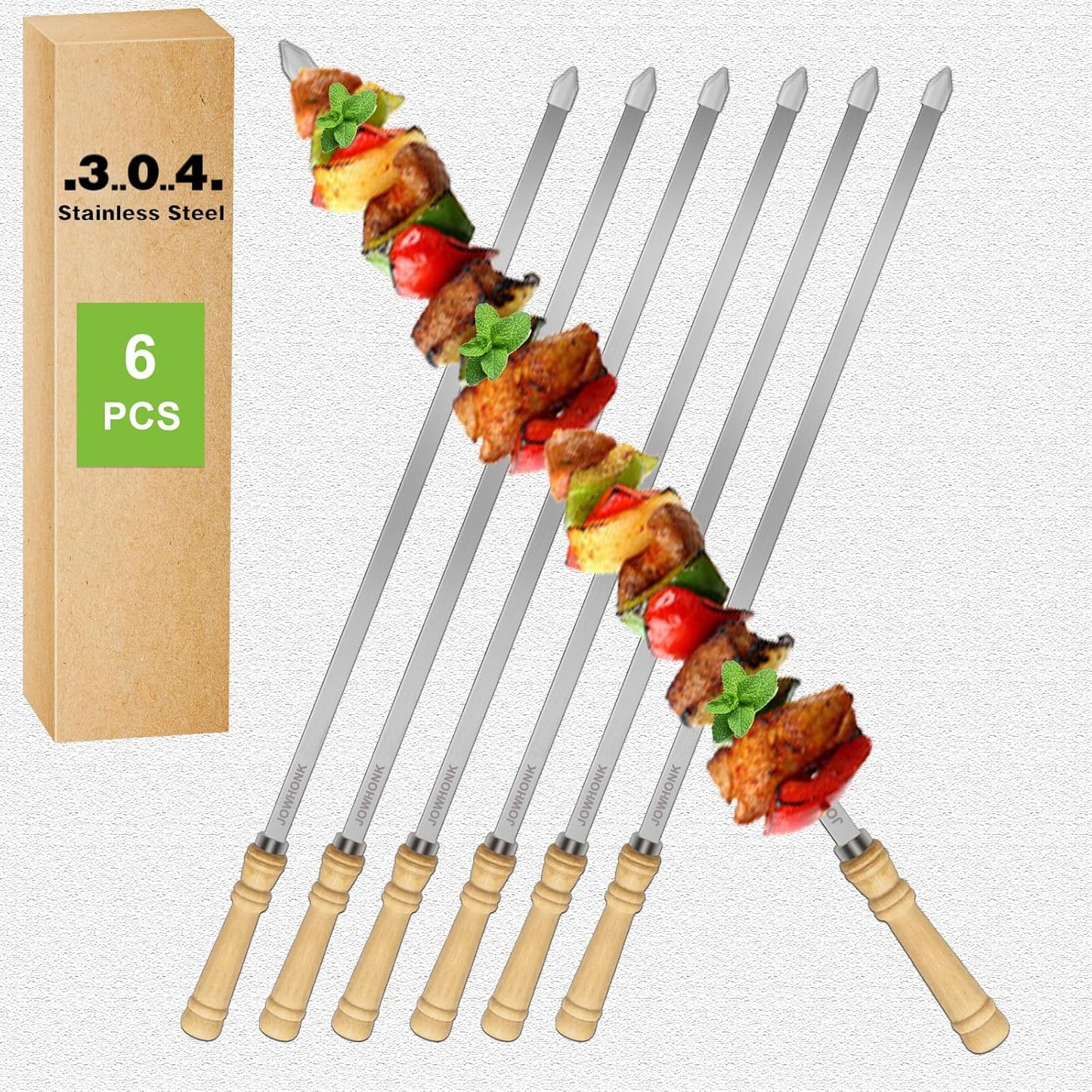 21.5" Long 304 Stainless Steel Skewers for Grilling with Wood Handle,Wide Flat Metal Skewers for Kabobs,Kabob Skewer,BBQ Barbecue Skewer Reusable for Outdoor Grill（6 PCS）