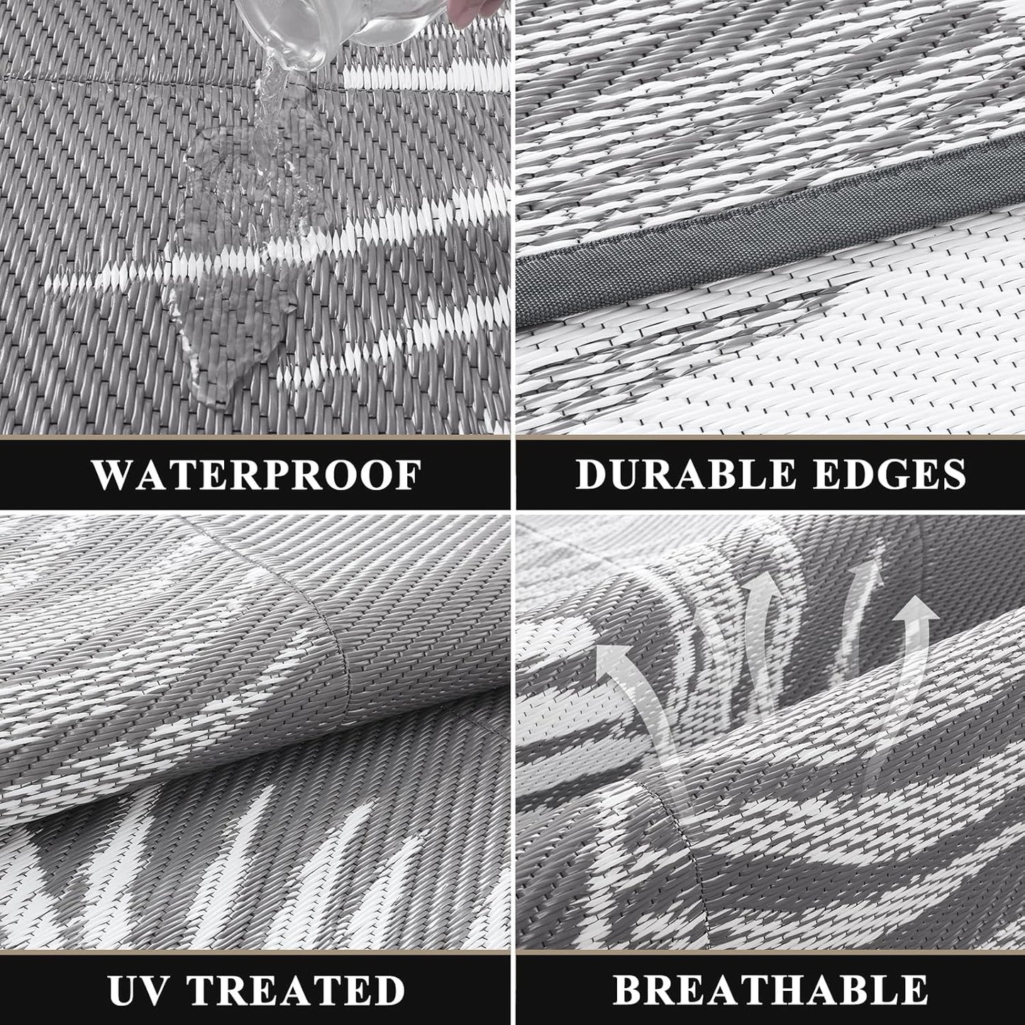 Pauwer Waterproof Outdoor Rug 8x10, Reversible Plastic Straw Patio Camping Rug, Indoor Outdoor RV Mat Carpet for Deck, Camper, Porch, Balcony, Backyard, Picnic, Leaf Grey