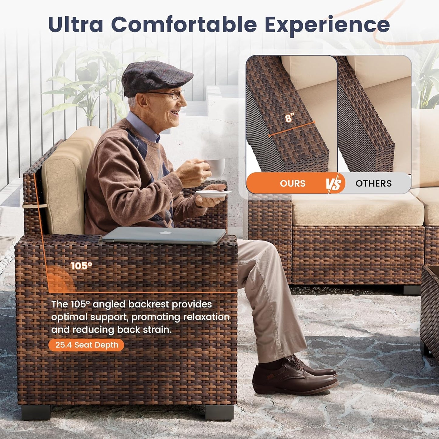 UDPATIO Patio Furniture Set with Fire Pit Table, 8 Inch Armrest Outdoor Sectional Sofa, 7 Piece Wicker Outdoor Furniture Conversation Sets with Waterproof Cover for Backyard Deck(Brown/Khaki)