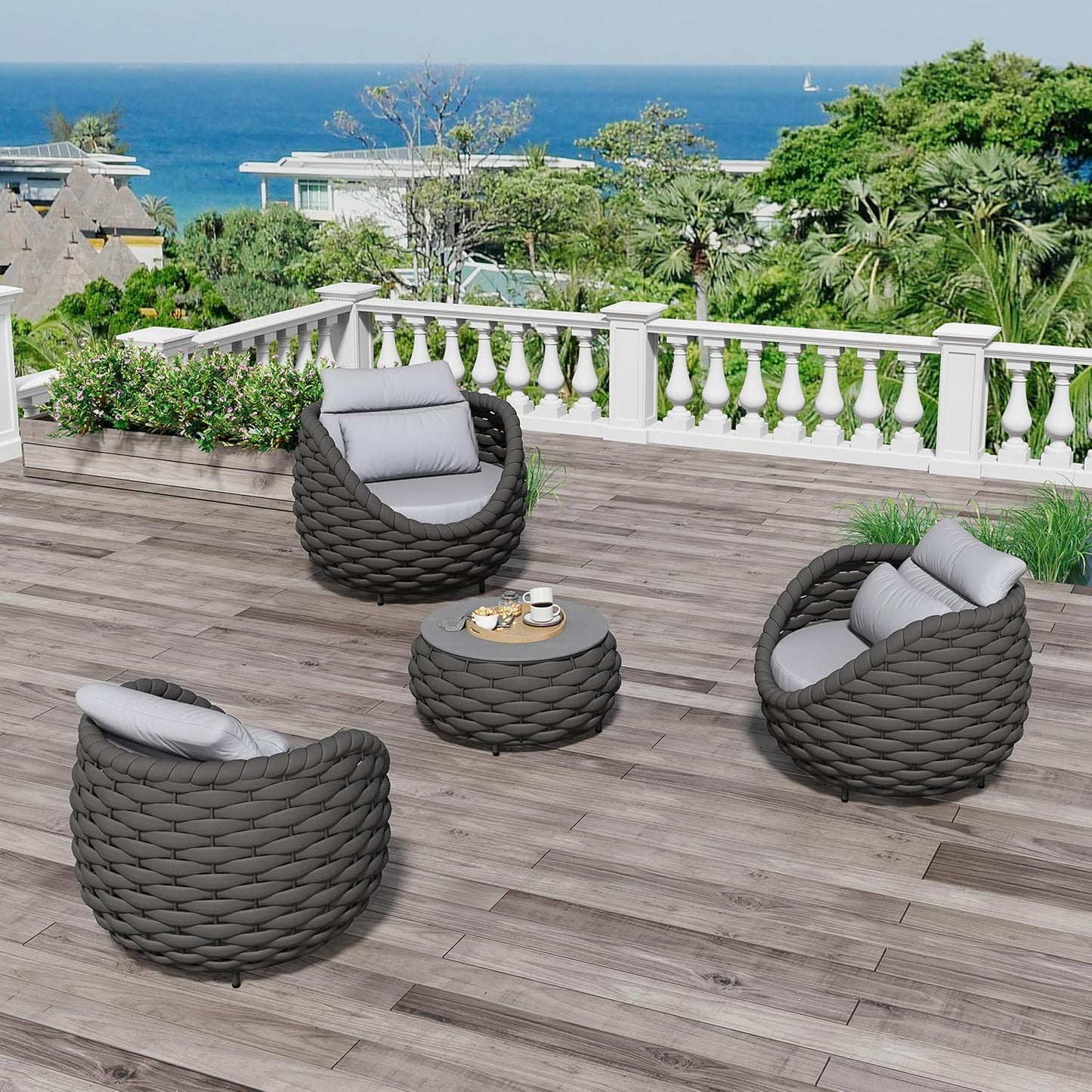 4 Pieces Courtyard Seating Set: Aluminum Woven Rope Patio Furniture Chair Set - All Weather Metal Outdoor Conversation Set - Assembled Armchair w/Table for Bistro Deck Porch Balcony Apartment